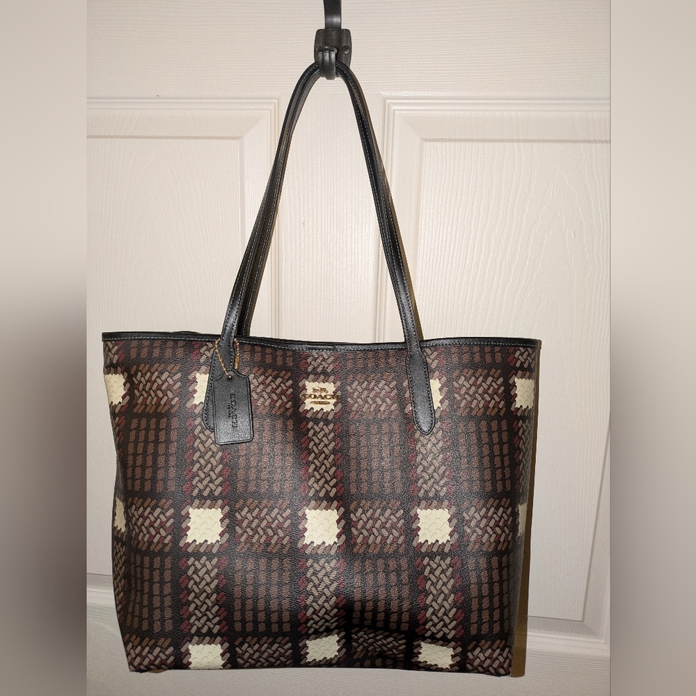Coach Plaid Brown and Cream City Tote